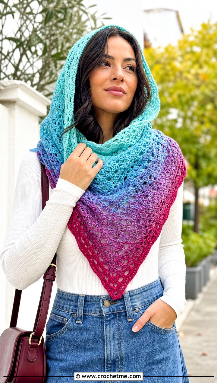 Ombre Hooded Triangle Crochet Scarf With Denim Maxi Skirt - 25 Hooded Triangle Crochet Scarf outfit ideas