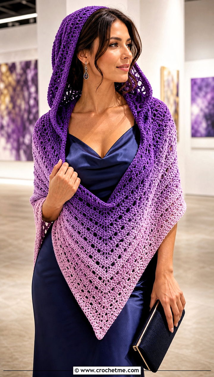 Ombre Hooded Triangle Crochet Shawl With Satin Slip Dress - 25 Hooded Triangle Crochet Shawl outfit ideas