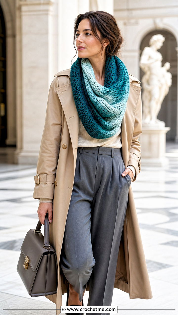 Ombre Infinity Crochet Scarf With Trench Coat - 15 Infinity Crochet Scarf outfit ideas