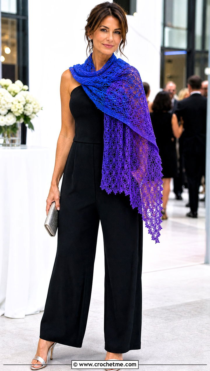 Ombre Lace Infinity Scarf With Evening Jumpsuit - 20 Lacy Crochet Infinity Scarf outfit ideas