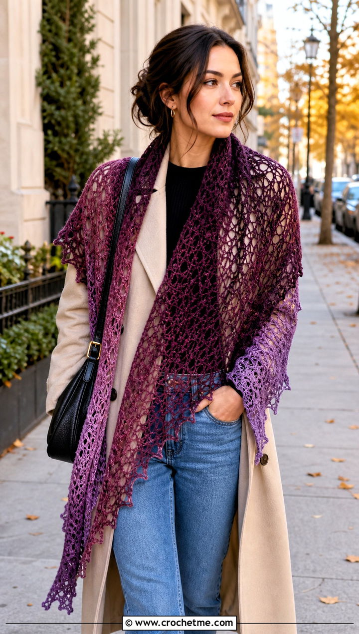 Ombre Lace Shawl With Trench Coat and Straight Jeans - 25 halloween crochet shawl outfit ideas