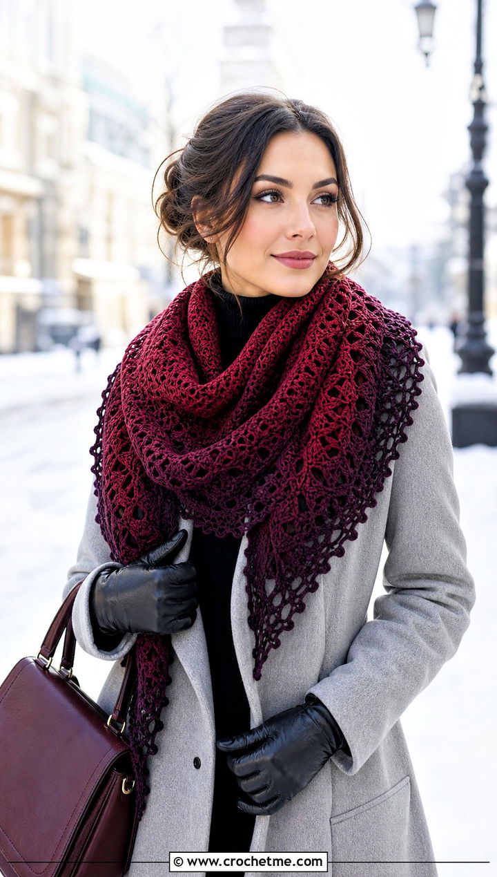Ombre Lace Shawl With Wool Coat - 25 Lacey Crochet Shawls outfit ideas