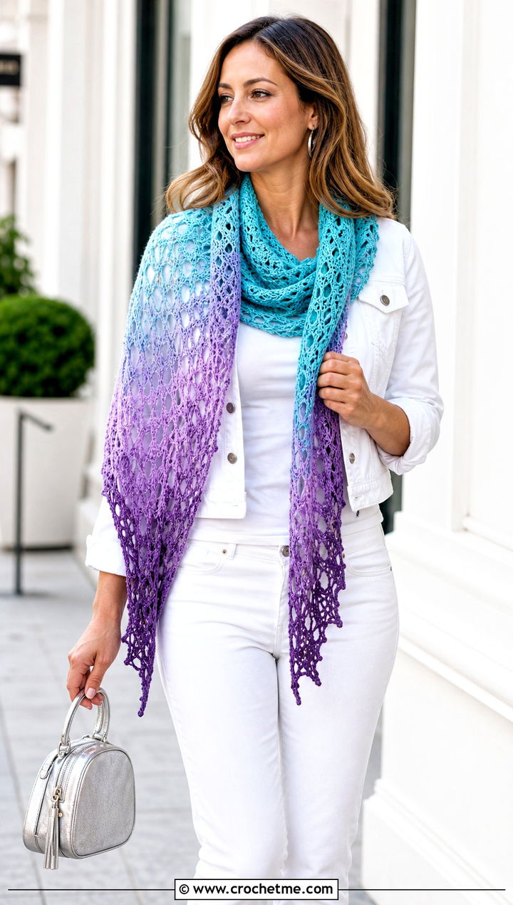 Ombre Lace Triangle Shawl With A White Denim Outfit - 20 Crochet Lace Triangle Shawl outfit ideas