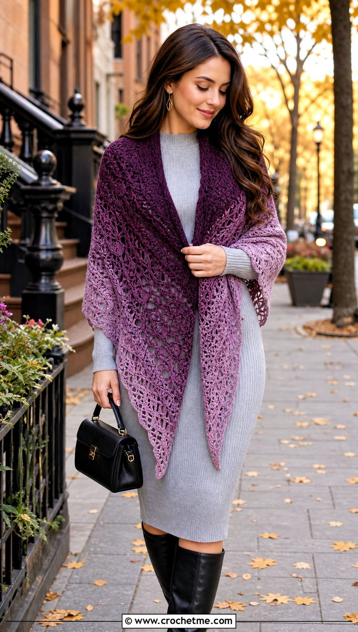 Ombre Lace Triangle Shawl With Knit Dress And Boots - 25 Victorian Crochet Shawl outfit ideas