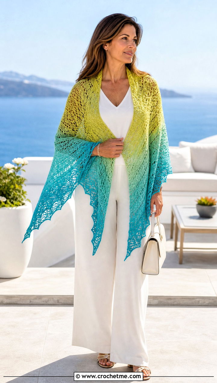 Ombre Lace Triangle Shawl With Monochrome White Outfit - 25 Crochet Lacy Triangle Shawl outfit ideas