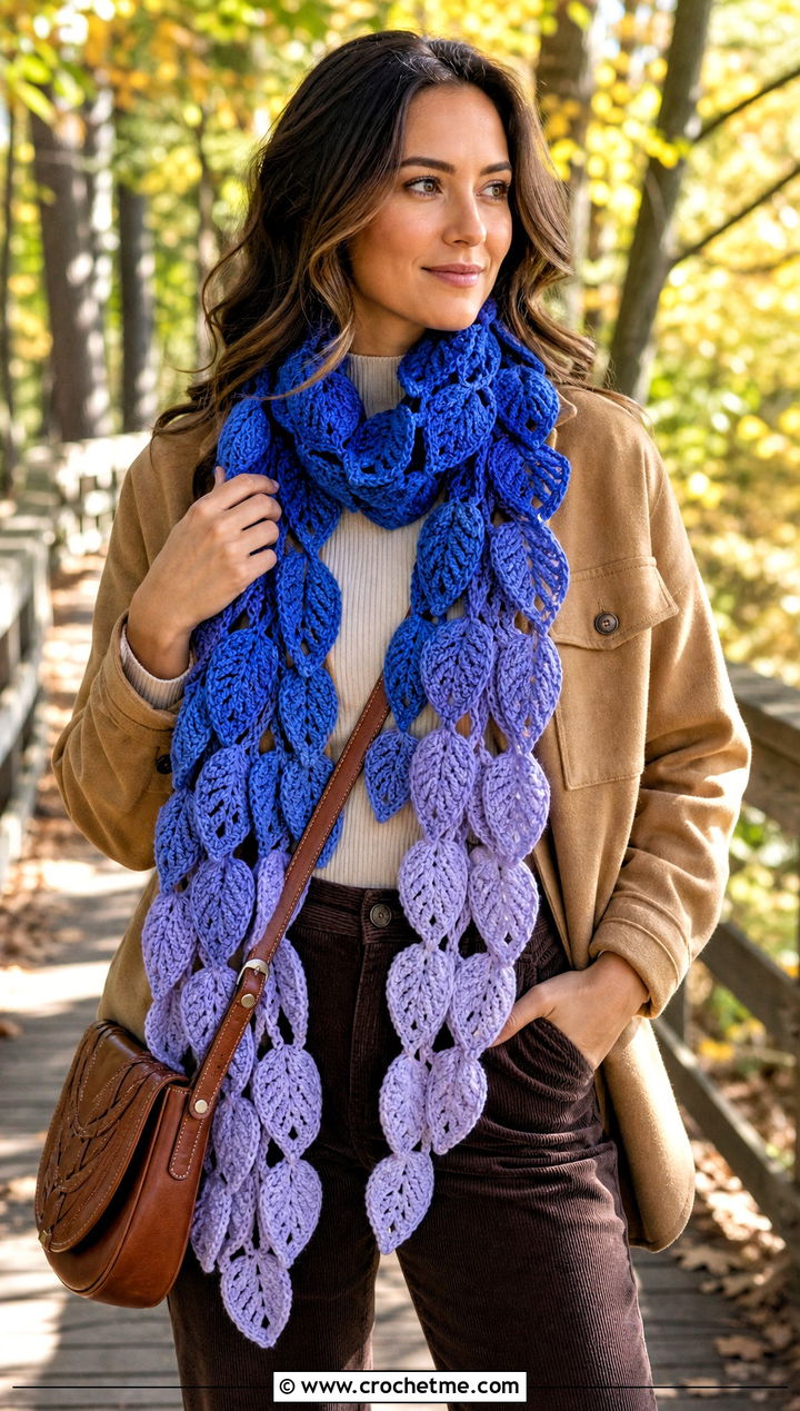 Ombre Leaf Scarf With Shacket And Corduroy Pants - 25 crochet leaf scarf outfit ideas