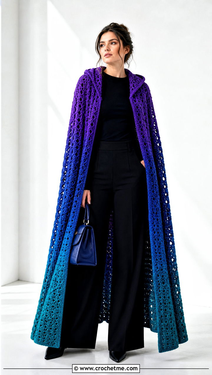 Ombre Long Hooded Crochet Cape With Monochrome Outfit - 25 Long Hooded Crochet Cape outfit ideas