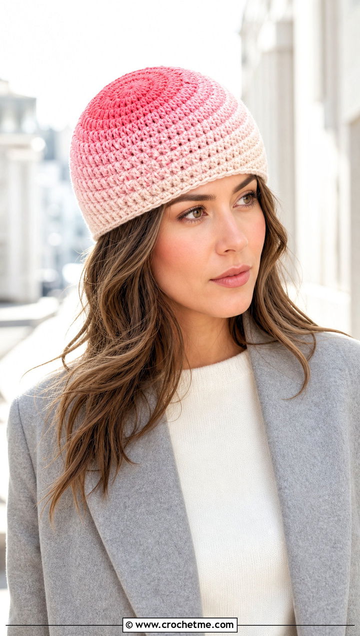 Ombre Magic Circle Crochet Beanie With Minimalist Coat - 25 Crochet Beanie Magic Circle outfit ideas
