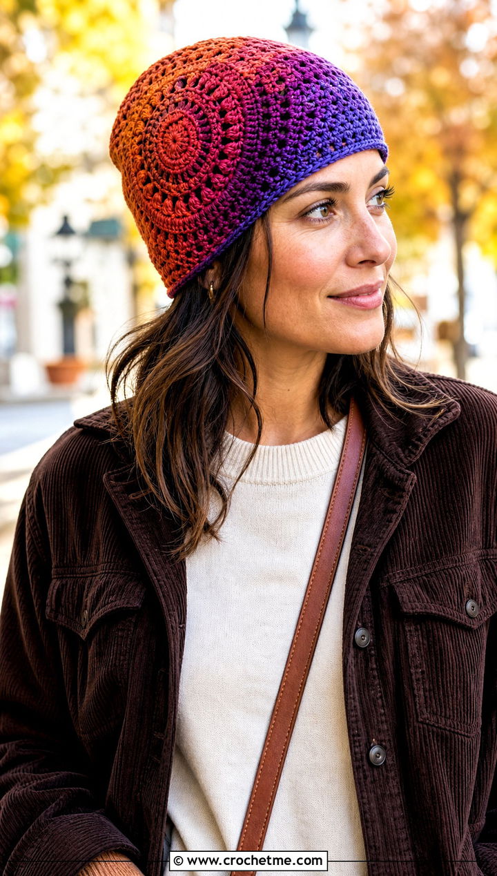 Ombre Mandala Crochet Beanie With Trucker Jacket - 20 Mandala Crochet Beanie outfit ideas