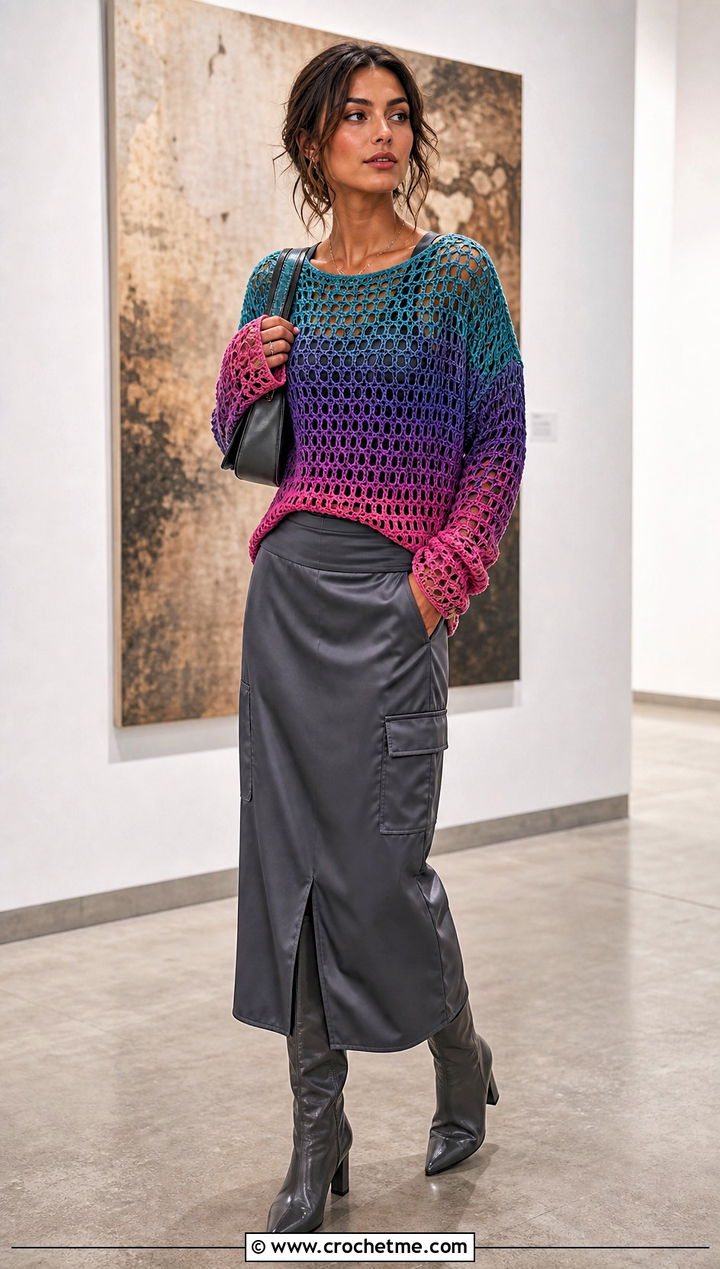 Ombre Mesh Pullover With Satin Cargo Skirt - 20 Crochet Mesh Pullover outfit ideas
