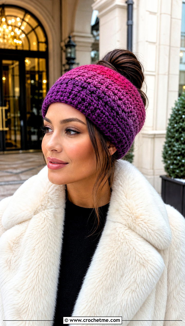 Ombre Messy Bun Crochet Beanie With Faux Fur Coat - 30 easy messy bun crochet beanie outfit ideas