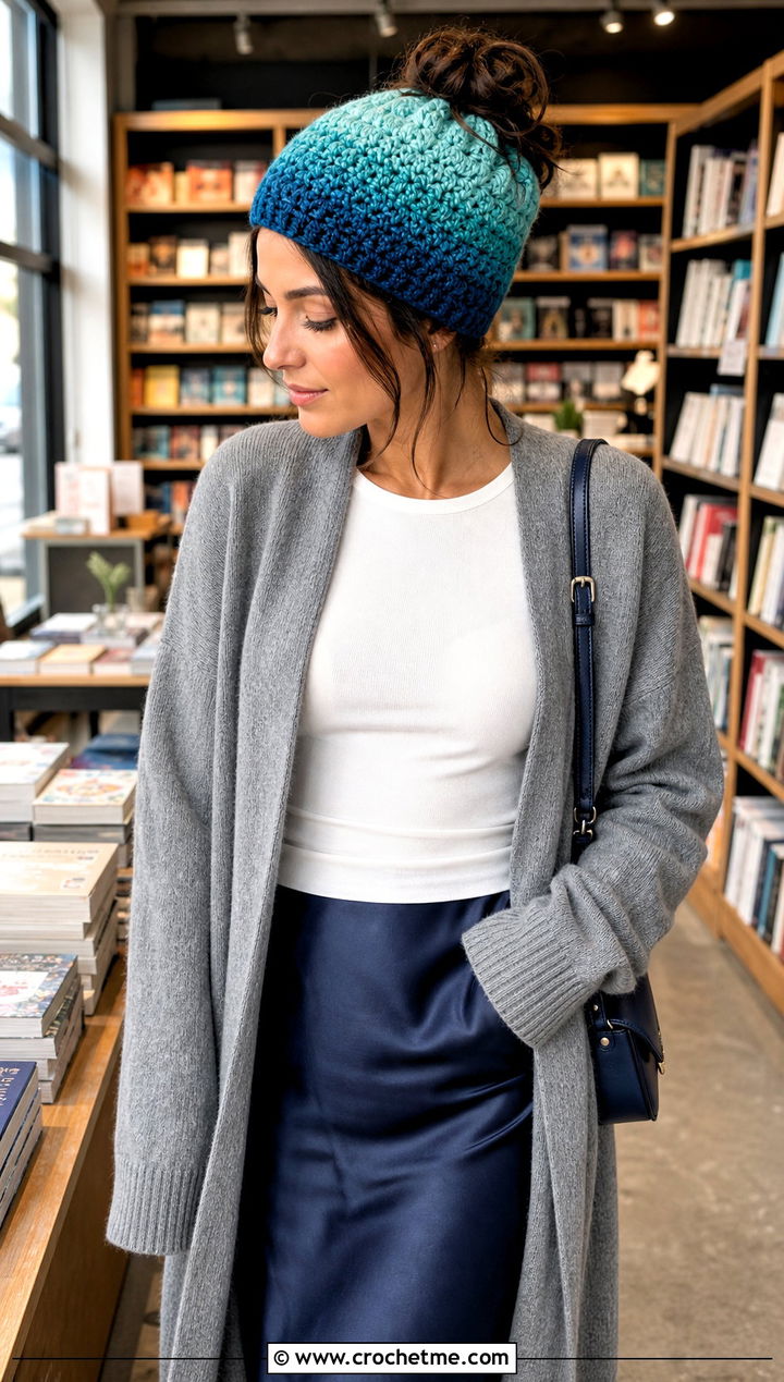 Ombre Messy Bun Crochet Hat With Long Cardigan And Slip Skirt - 25 Easy Messy Bun Crochet Hat outfit ideas