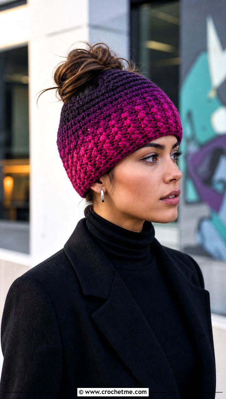 Ombre Messy Bun Crochet Hat With Monochrome Outfit - 25 messy bun crochet hat with hair tie outfit ideas