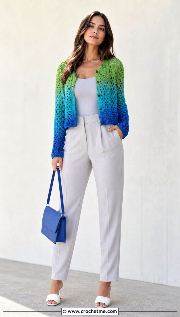 Ombre Mini Crochet Cardigan With Monochrome Outfit - 35 mini crochet cardigan outfit ideas