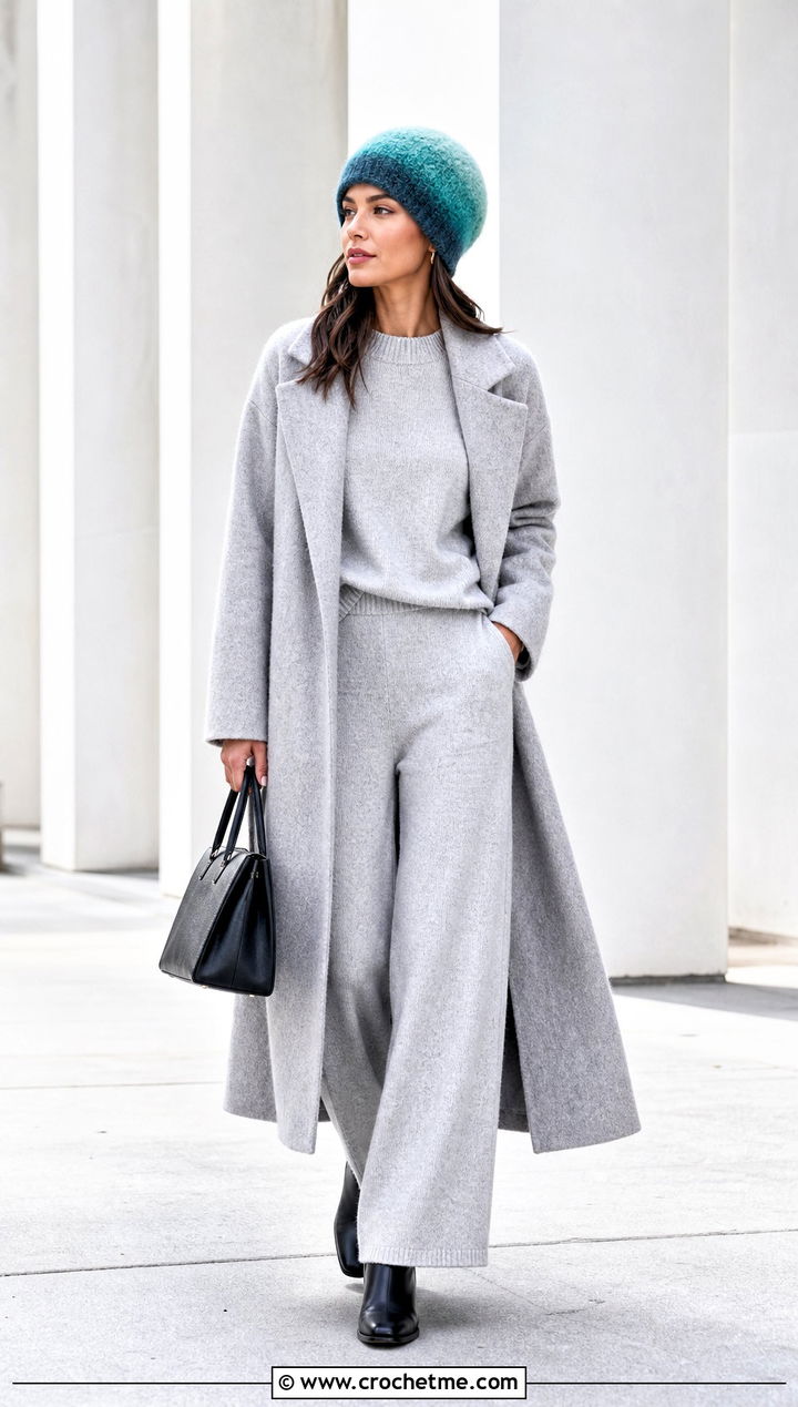 Ombre Mohair Crochet Beanie With Monochrome Sweater Outfit - 35 mohair crochet beanie outfit ideas