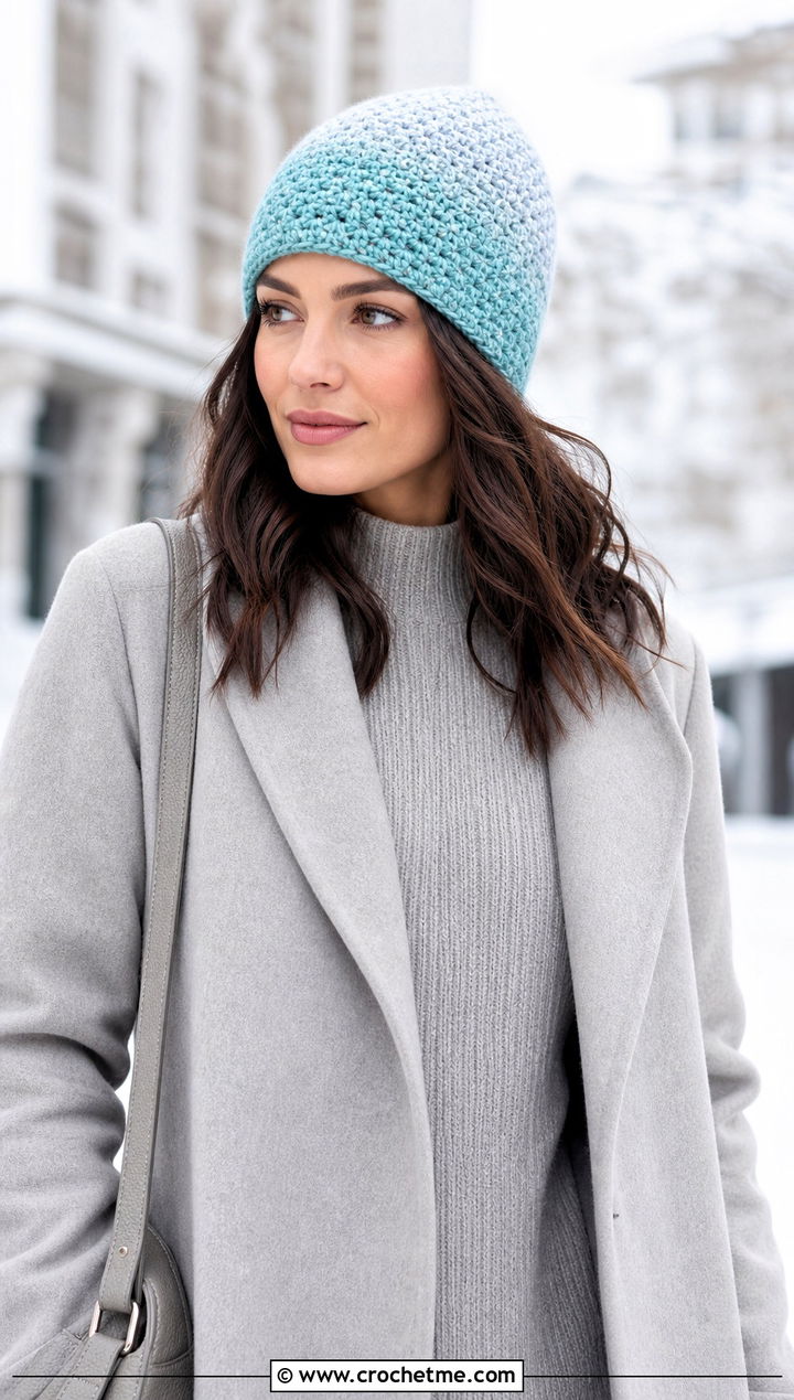 Ombre Moss Stitch Beanie With Monochrome Knitwear - 25 Crochet Moss Stitch Hat outfit ideas
