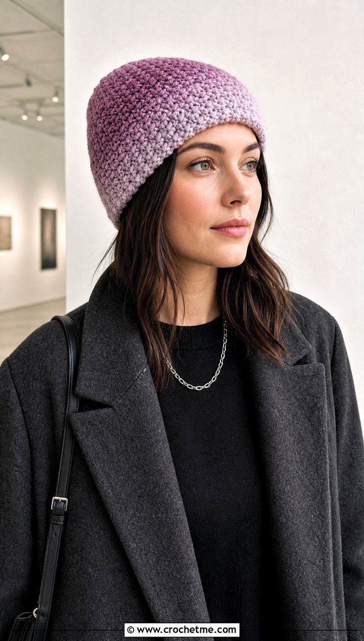 Ombre Moss Stitch Beanie With Monochrome Outfit - 20 Crochet Moss Stitch Beanie outfit ideas