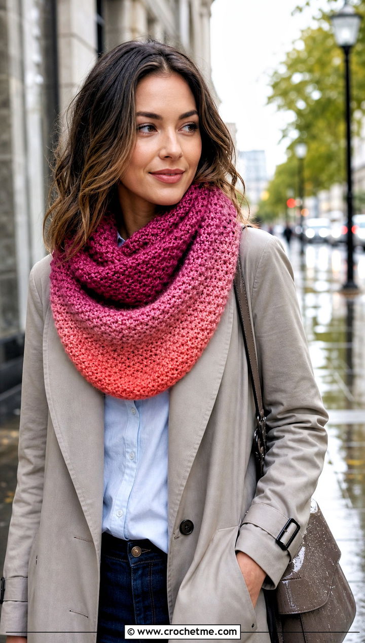 Ombre Moss Stitch Crochet Cowl With Trench Coat - 15 Moss Stitch Crochet Cowl outfit ideas