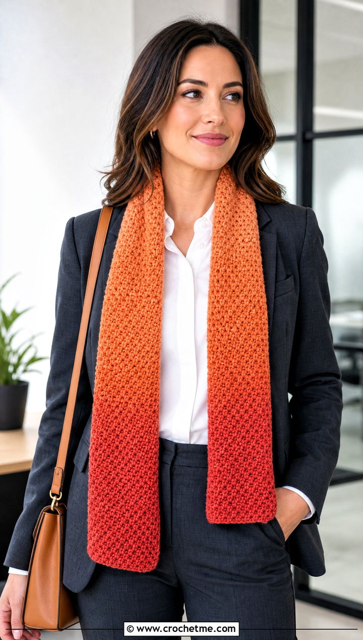 Ombre Moss Stitch Crochet Scarf With White Shirt And Trousers - 25 Moss Stitch Crochet Scarf outfit ideas