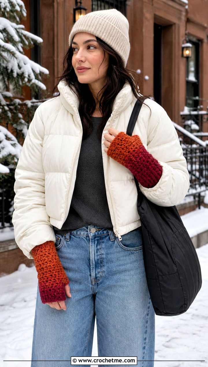 Ombre Moss Stitch Fingerless Gloves With Puffer Jacket - 15 Crochet Moss Stitch Fingerless Gloves outfit ideas