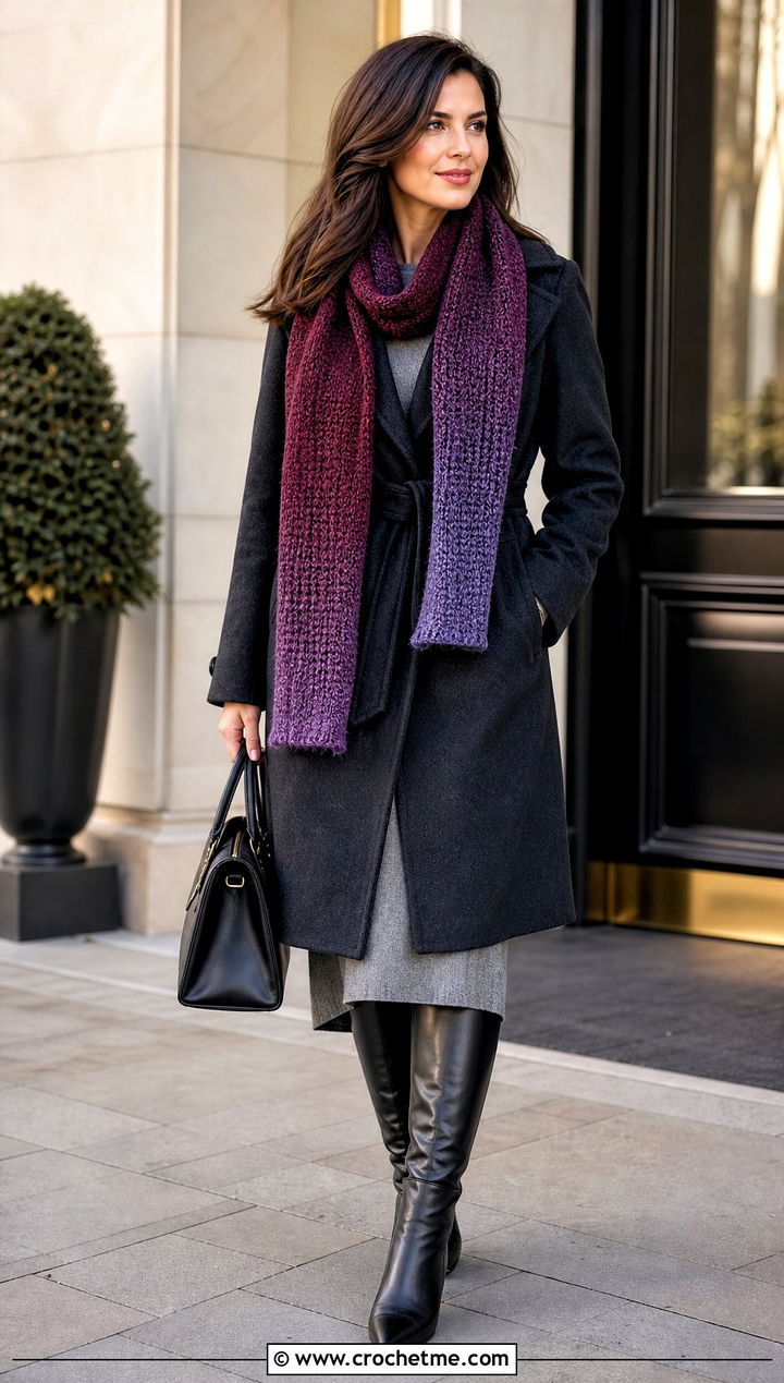 Ombre Moss Stitch Scarf With Sweater Dress And Knee High Boots - 35 crochet moss stitch scarf outfit ideas