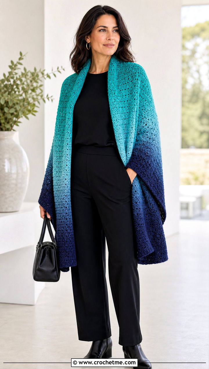 Ombre Moss Stitch Shawl With A Monochrome Outfit - 25 Crochet Moss Stitch Shawl outfit ideas