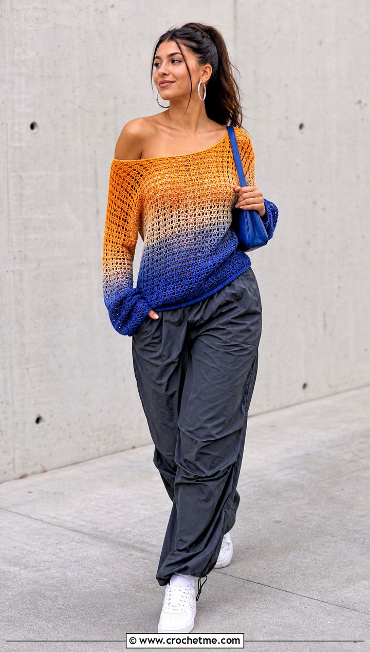 Ombre Off Shoulder Crochet Sweater With Parachute Pants - 35 off shoulder crochet sweater outfit ideas