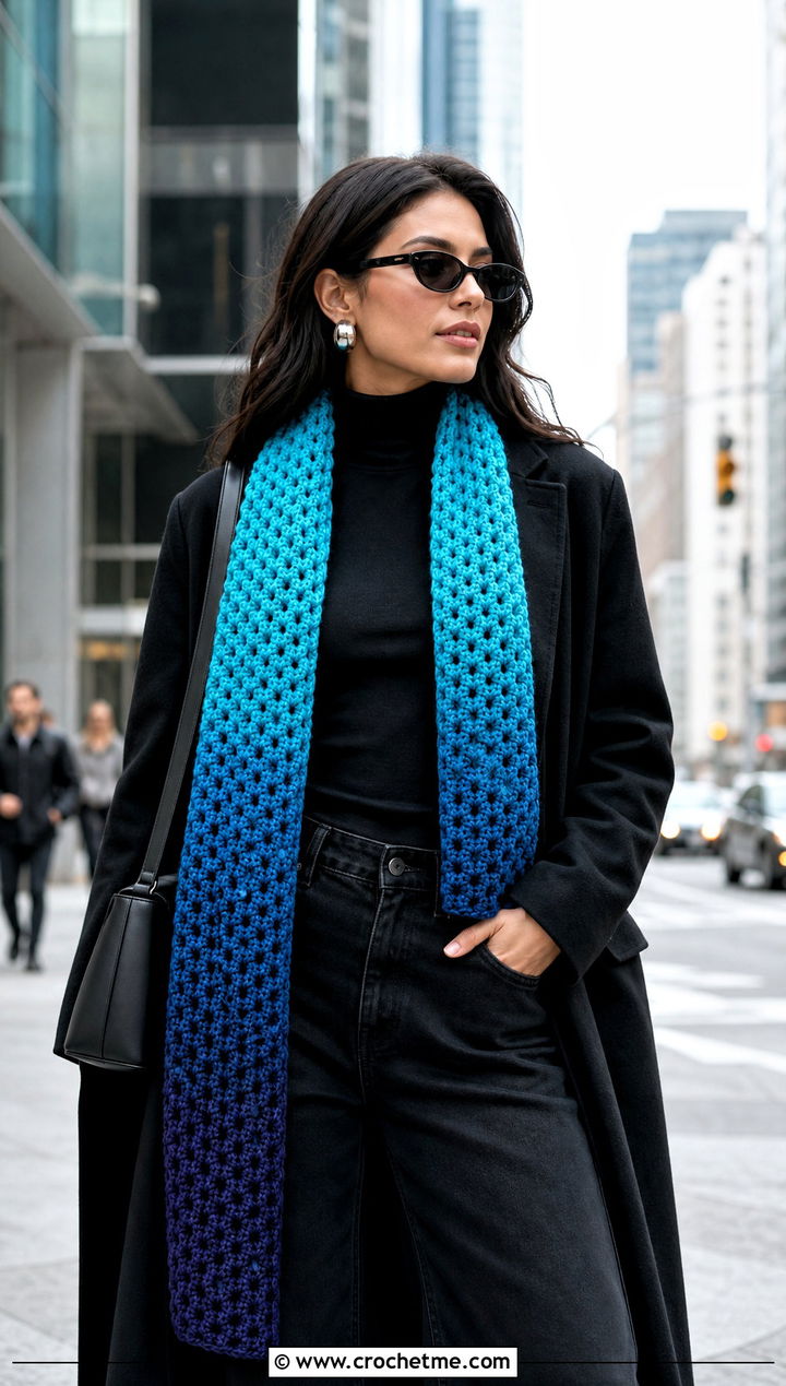 Ombre One Ball Crochet Scarf With Monochrome Outfit - 15 one ball crochet scarf outfit ideas