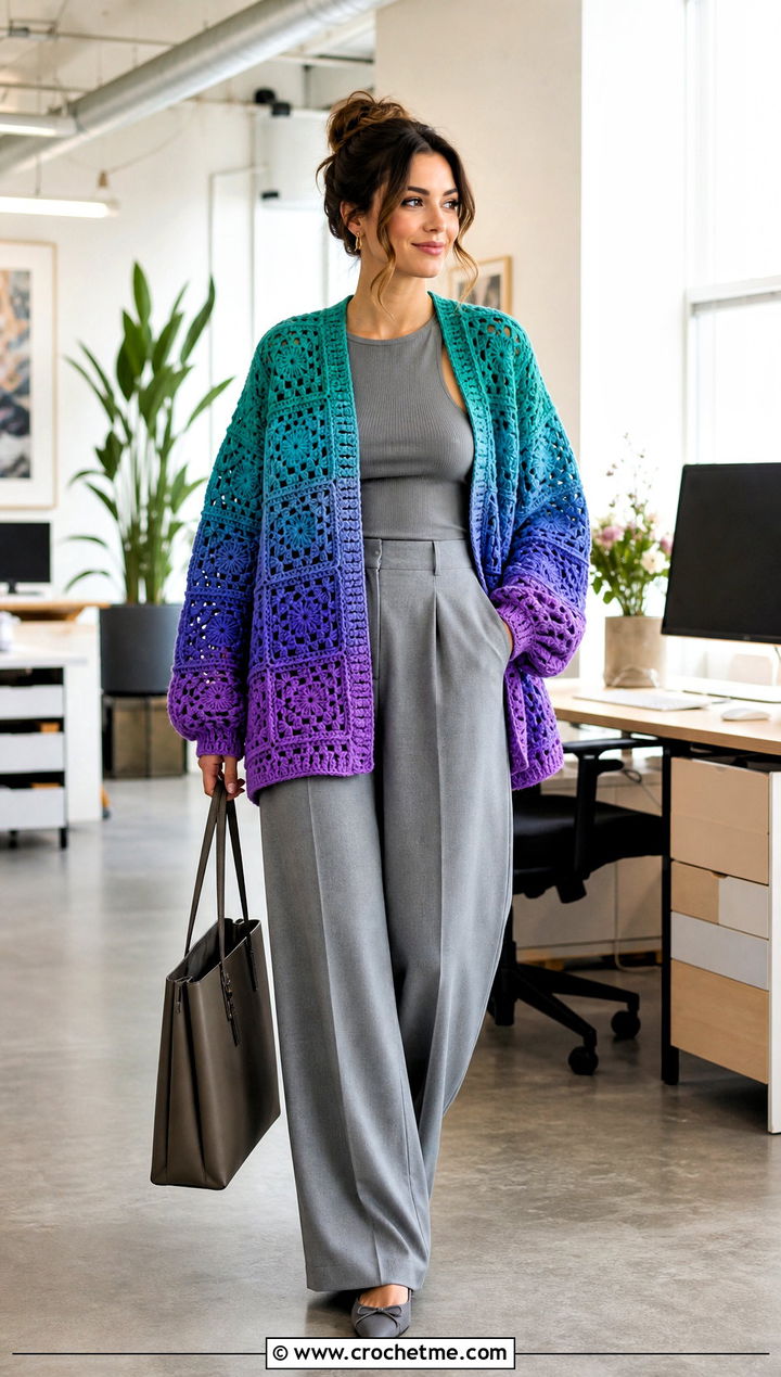 Ombre Oversized Granny Square Sweater With Wide Leg Trousers - 30 oversized granny square sweater outfit ideas