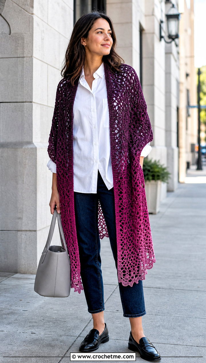 Ombre Pineapple Crochet Shawl With White Shirt - 25 pineapple crochet shawl outfit ideas