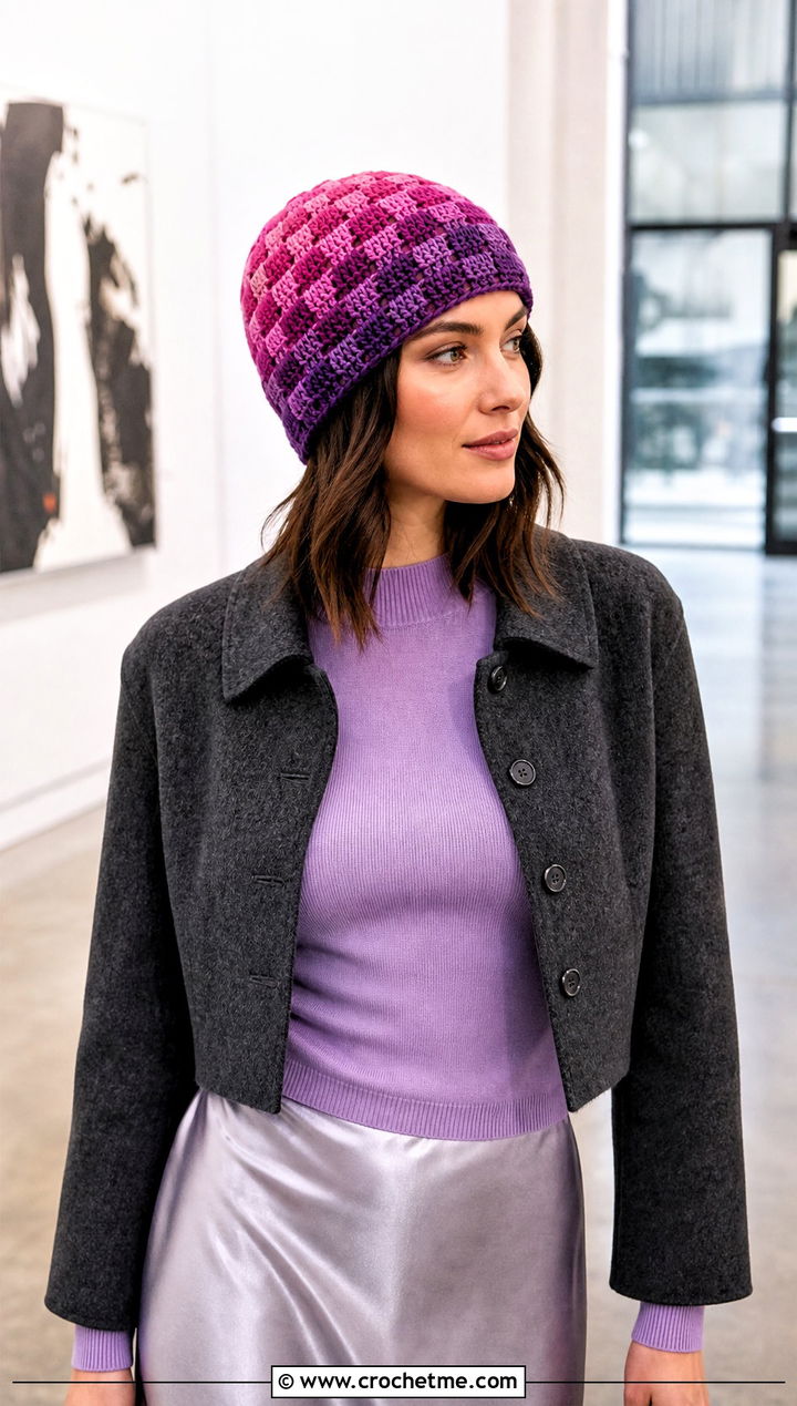 Ombre Plaid Crochet Beanie With Satin Midi Skirt - 15 Plaid Crochet Beanie outfit ideas