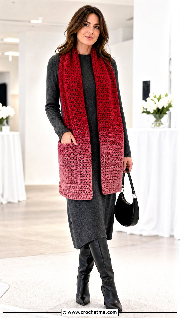 Ombre Pocket Scarf With Column Dress - 25 crochet pocket scarves outfit ideas