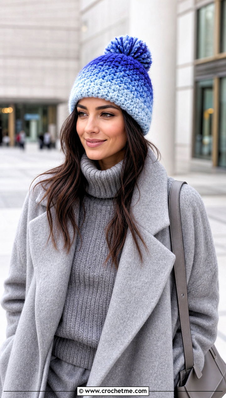 Ombre Pom Pom Crochet Hat With Monochrome Knit Outfit - 30 crochet hat with pom pom outfit ideas