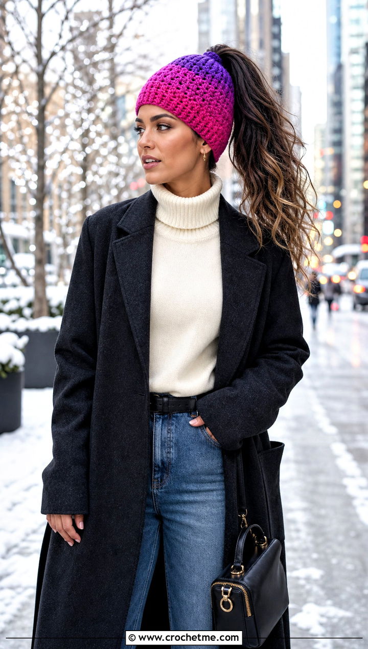 Ombre Ponytail Beanie With Maxi Coat - 30 ponytail crochet hat outfit ideas