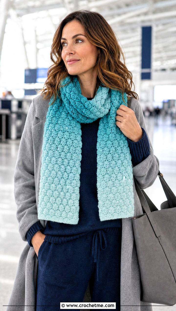 Ombre Popcorn Crochet Scarf With Knit Lounge Set - 25 Popcorn Crochet Scarf outfit ideas