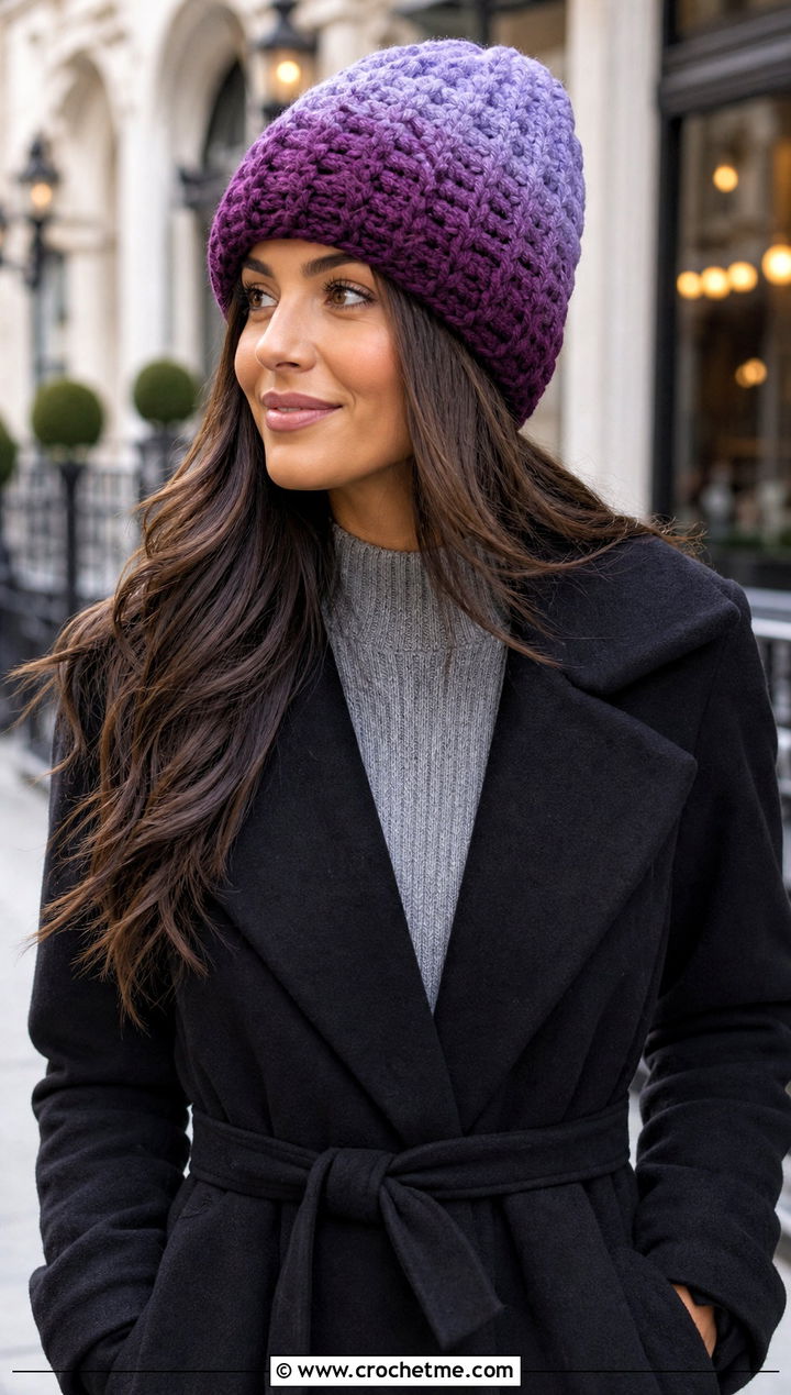 Ombre Puff Stitch Beanie With Sweater Dress And Knee High Boots - 25 crochet puff stitch beanie outfit ideas