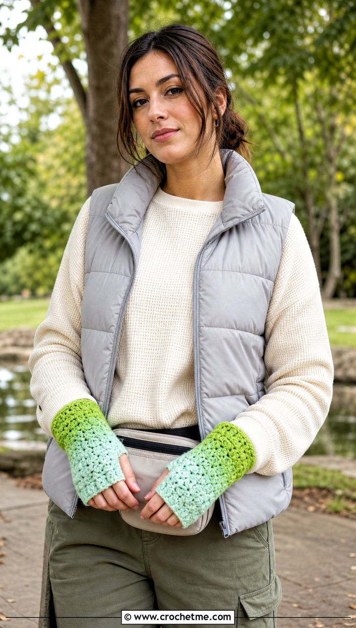 Ombre Puff Stitch Fingerless Gloves With Puffer Vest - 15 Crochet Puff Stitch Fingerless Gloves outfit ideas