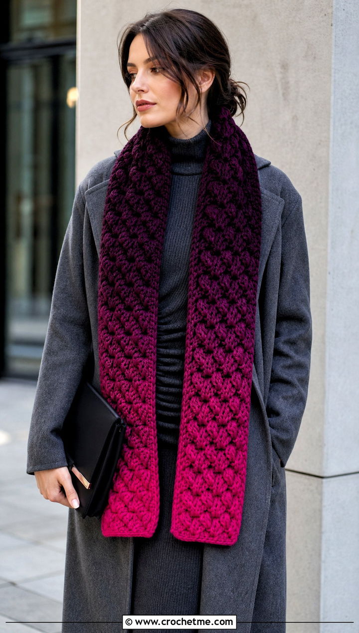 Ombre Puff Stitch Scarf With Monochrome Coat Outfit - 15 Playful Puffs Crochet Scarf outfit ideas