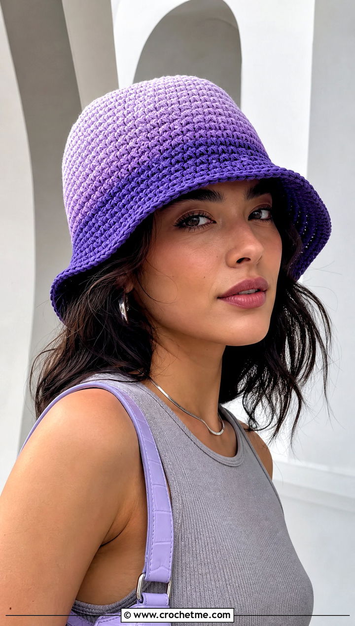 Ombre Purple Crochet Bucket Hat With Minimalist Separates - 30 purple crochet bucket hat outfit ideas