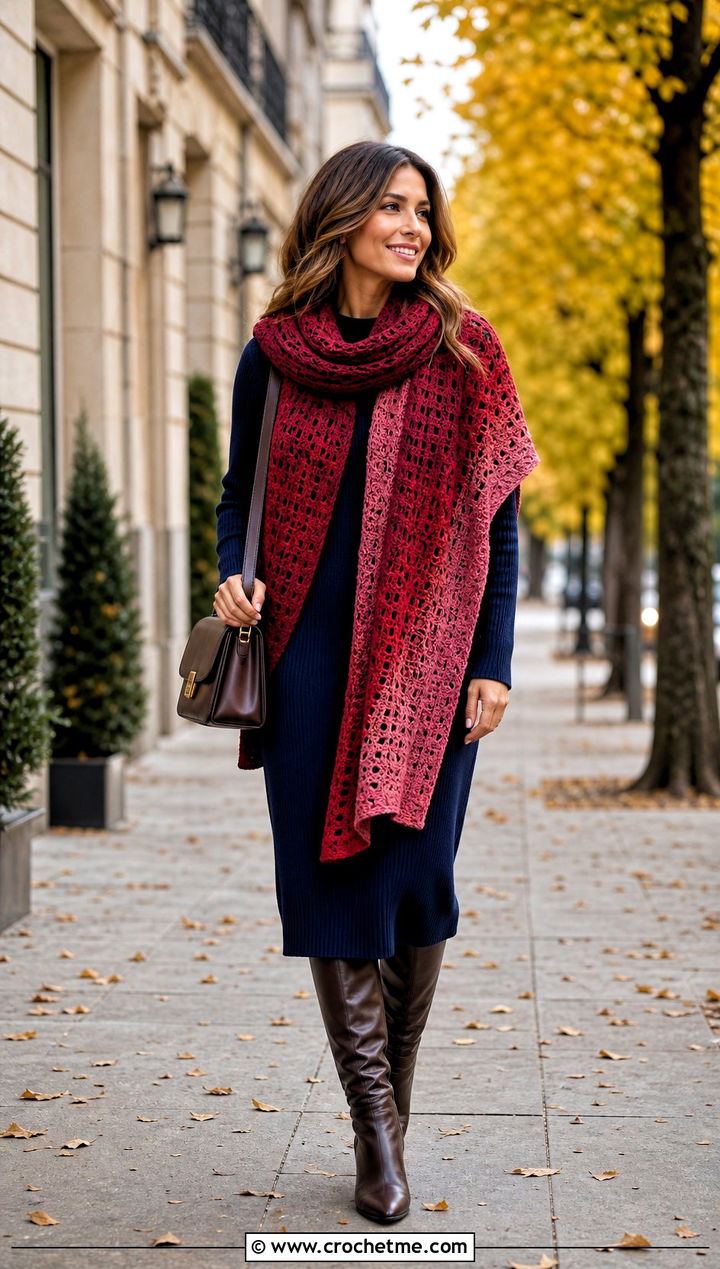 Ombre Rectangle Crochet Shawl With Knit Dress - 20 Rectangle Crochet Shawl outfit ideas