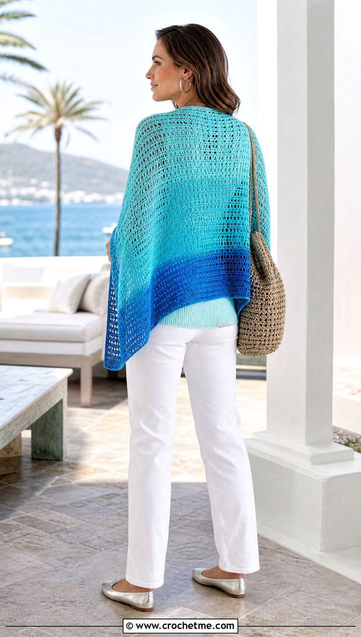 Ombre Rectangle Crochet Shawl With White Jeans - 25 Easy Rectangle Crochet Shawl outfit ideas