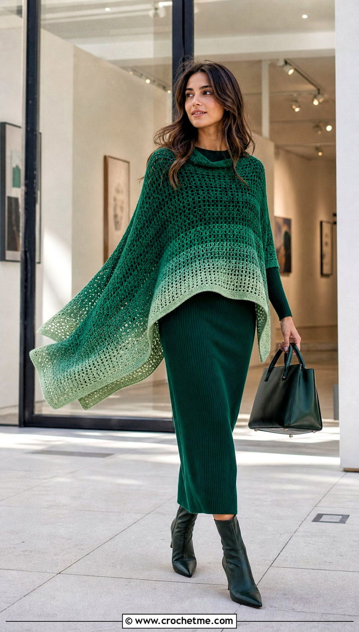 Ombre Rectangle Poncho With Knit Dress - 30 crochet rectangle poncho outfit ideas