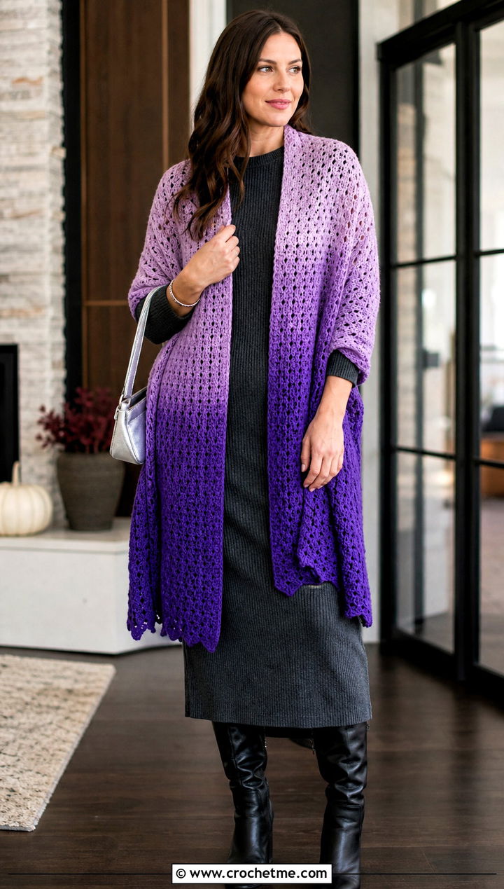 Ombre Rectangle Shawl With Knit Midi Dress - 25 Easy Crochet Rectangle Shawl outfit ideas