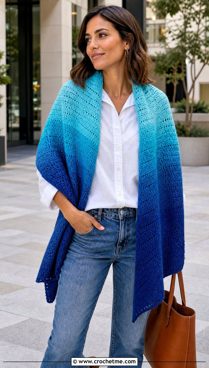Ombre Rectangular Crochet Shawl With White Shirt And Jeans - 30 rectangular crochet shawls outfit ideas