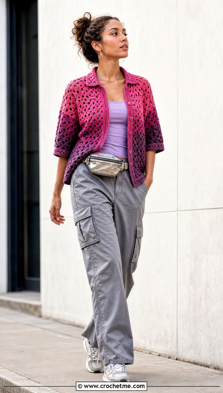 Ombre Relaxagon Crochet Shirt With Cargo Pants - 15 relaxagon crochet shirt outfit ideas
