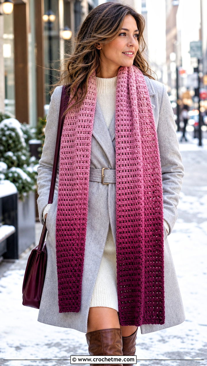 Ombre Ribbed Crochet Scarf With Sweater Dress - 20 Ribbed Crochet Scarf outfit ideas