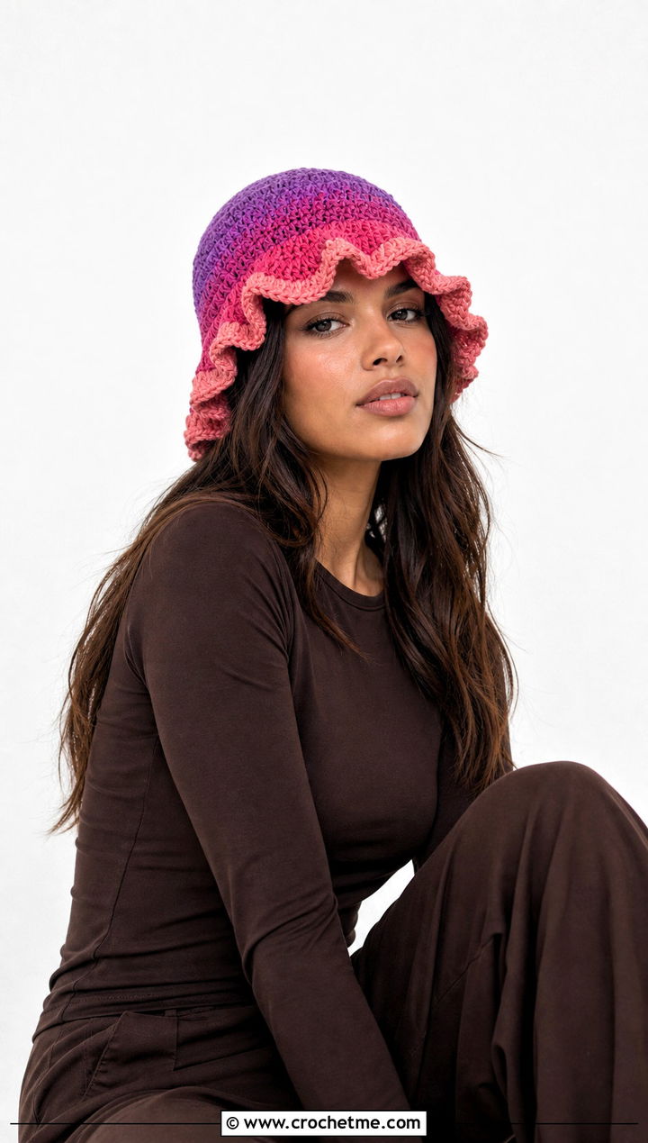 Ombre Ruffle Crochet Bucket Hat With Monochrome Outfit - 25 Crochet Bucket Hat With Ruffles outfit ideas