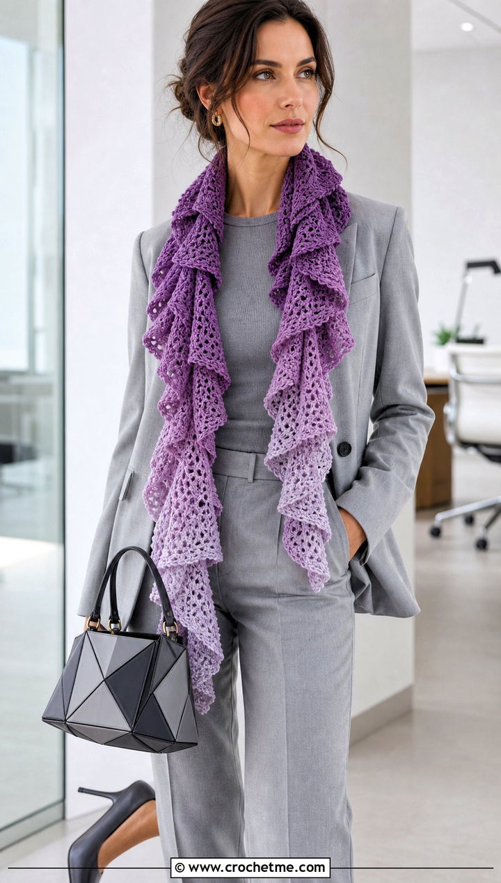 Ombre Ruffle Scarf With Monochrome Suit - 30 crochet ruffle scarf outfit ideas