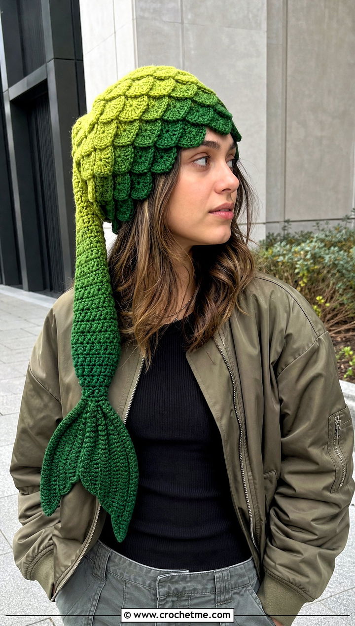 Ombre Scale Mermaid Tail Crochet Hat With Cargo Pants - 15 Mermaid Tail Crochet Hat outfit ideas