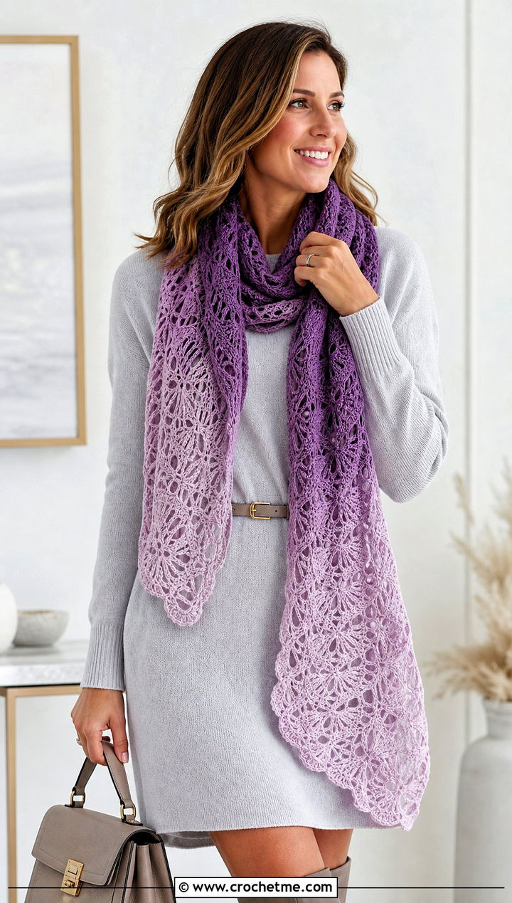 Ombre Sea Shell Scarf With Sweater Dress - 25 crochet shell scarf outfit ideas